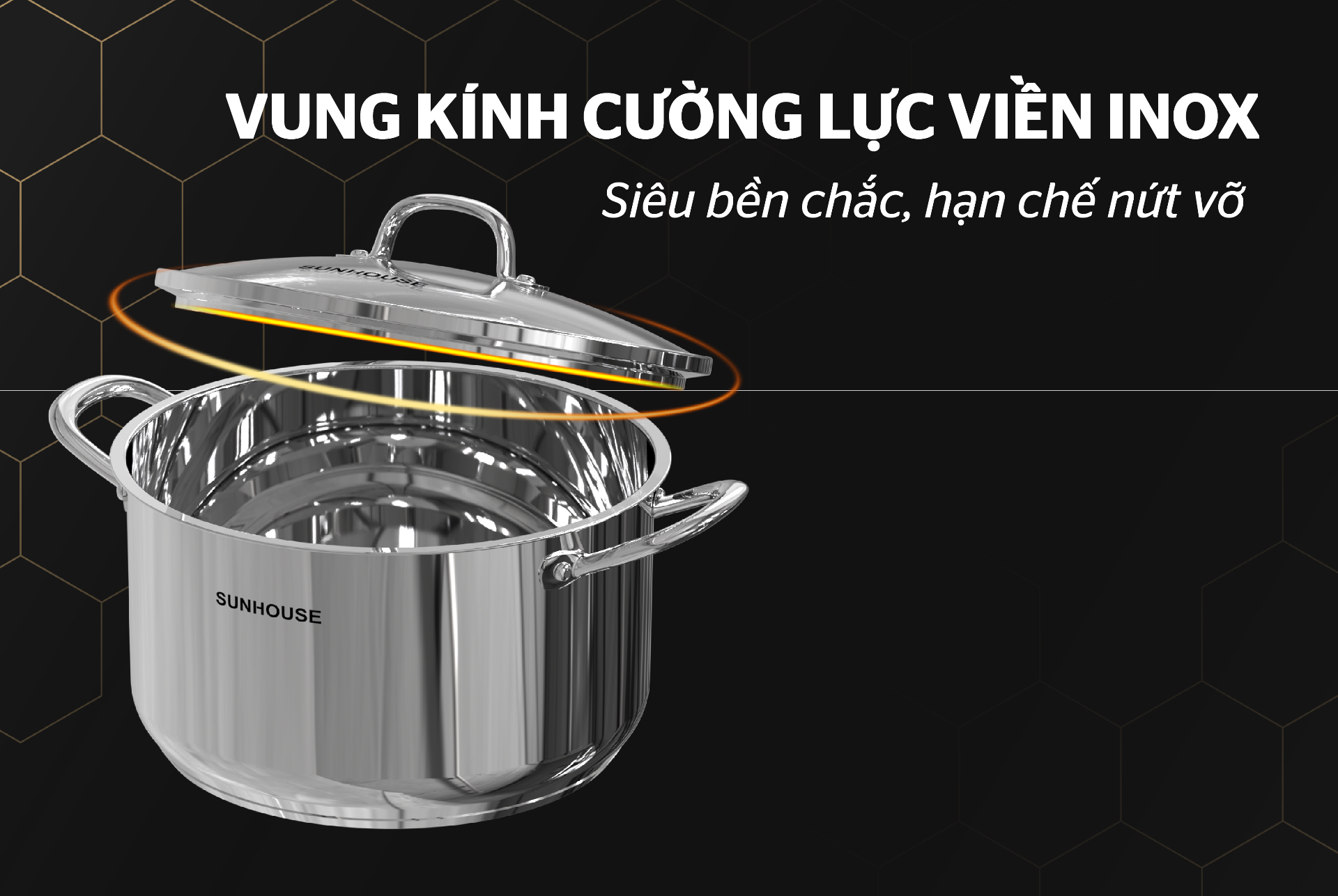 Nồi inox 3 đáy SUNHOUSE 26CM 28CM 32CM vung kính cường lực - dùng trên mọi loại bếp