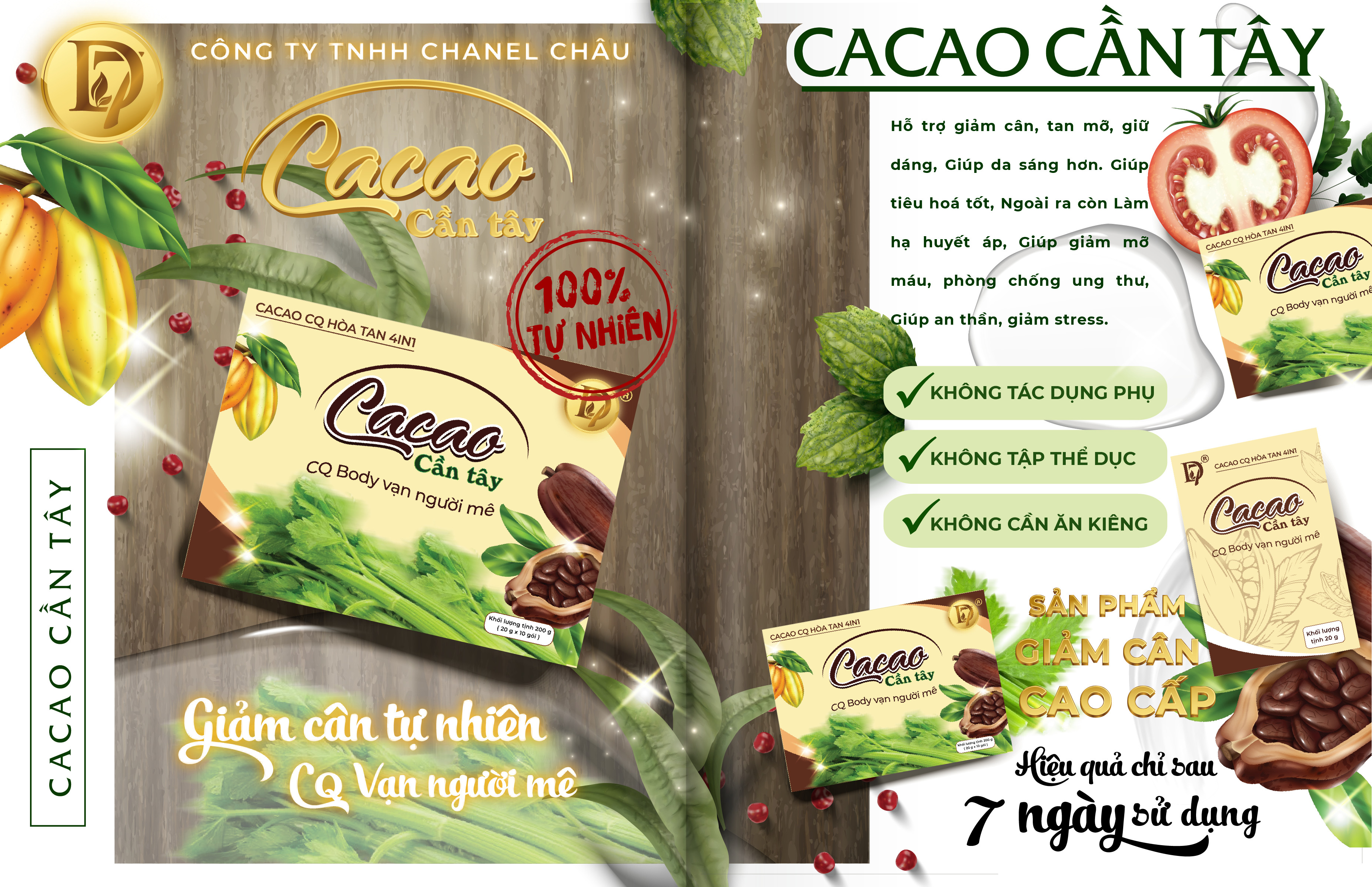 3 hộp Cacao cần tây hỗ trợ giảm cân CQ HOA TAN 4IN1 Thái Lan