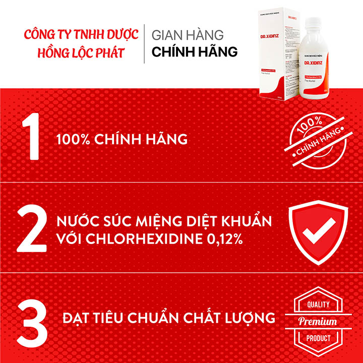 Nước súc miệng, sát trùng họng DR.XIDINZ với Chlorhexidine 0.12% (Chai 250 ml)