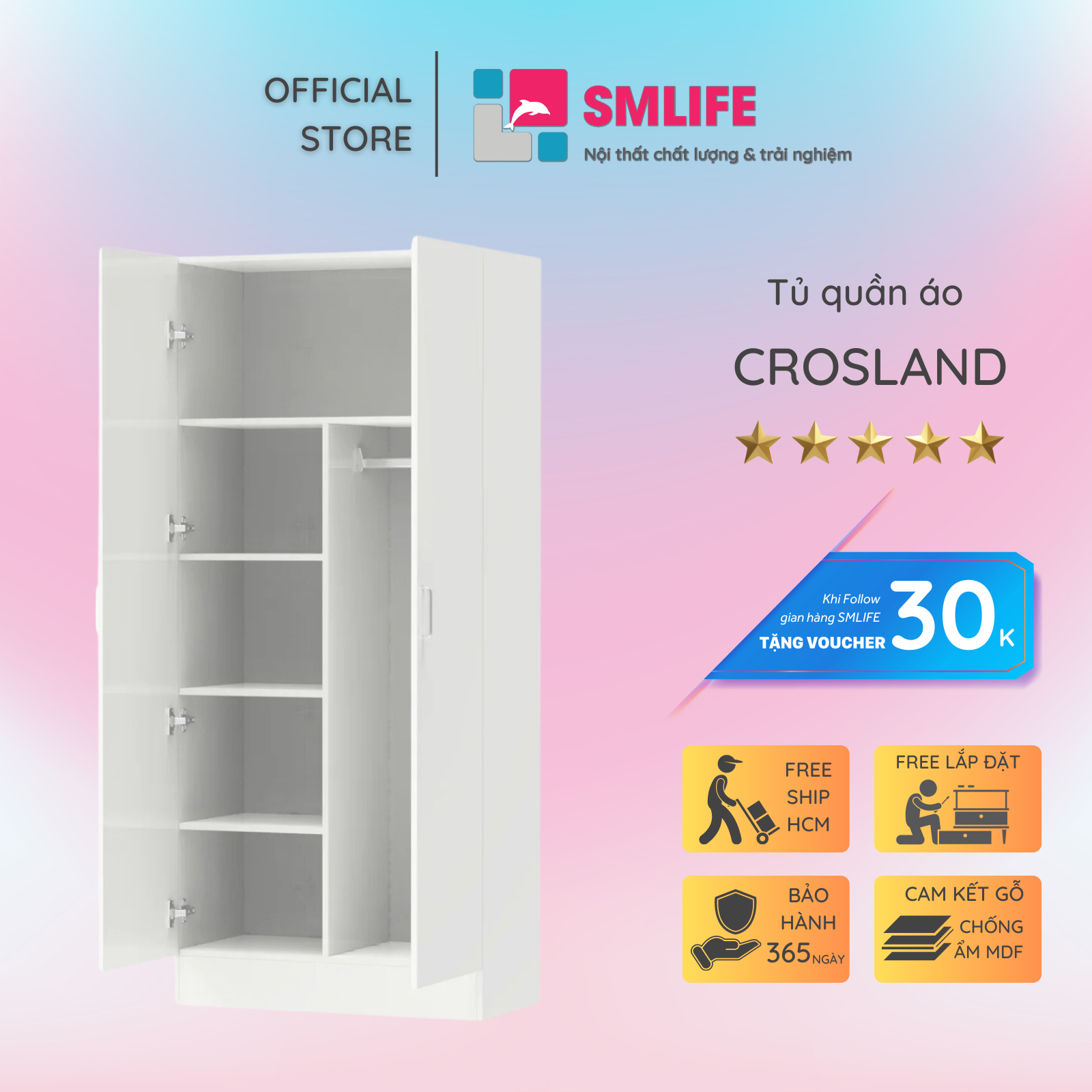 Tủ quần áo gỗ hiện đại SMLIFE Crosland | Gỗ MDF dày 17mm chống ẩm | D80xR55xC180cm