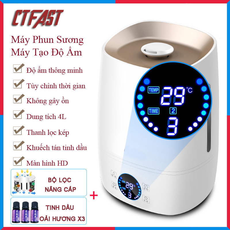 Máy Phun Sương Tạo Độ Ẩm Thông Minh, Máy Khuếch Tán Tinh Dầu Cao Cấp CTFAST CHIGO-512, Giữ Ẩm Da, Tạo Độ Ẩm Phù Hợp Với 3 Chế Độ,Tự Động Ngắt Khi Đủ Độ Ẩm, Báo Động Thiếu Nước Dung Tích Lớn 4L, Màn Hình Hiển Thị HD Sang Trọng - Hàng Chính Hãng