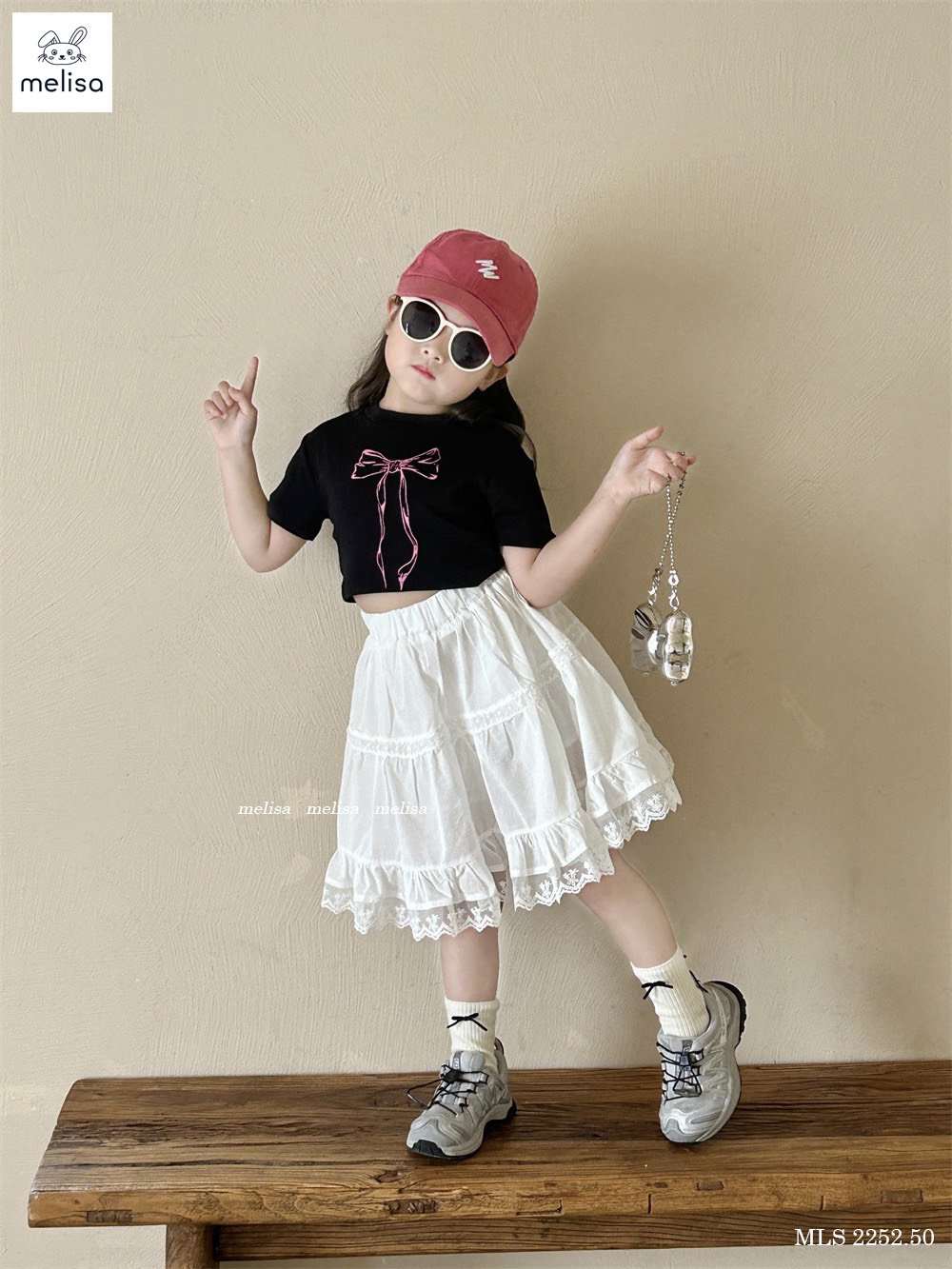 [Từ 1 đến 12 tuổi] Sét áo cotton đen in nơ 3D mix chân váy (kèm quần) chất thô cotton dệt bé gái đến 45kg