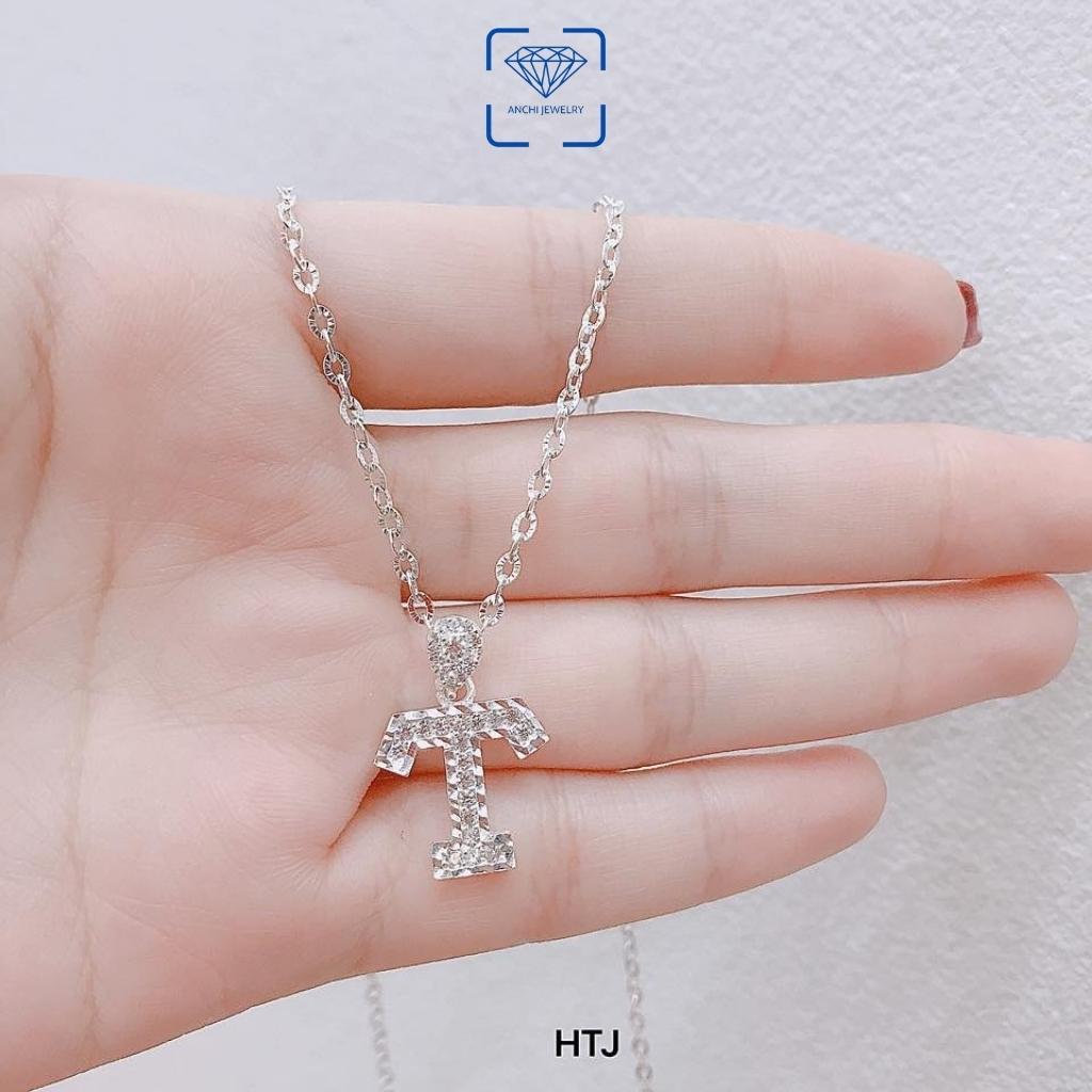 Mặt dây chuyền chữ cái bản to bạc đính đá, dây chuyền chữ,Anchi jewelry