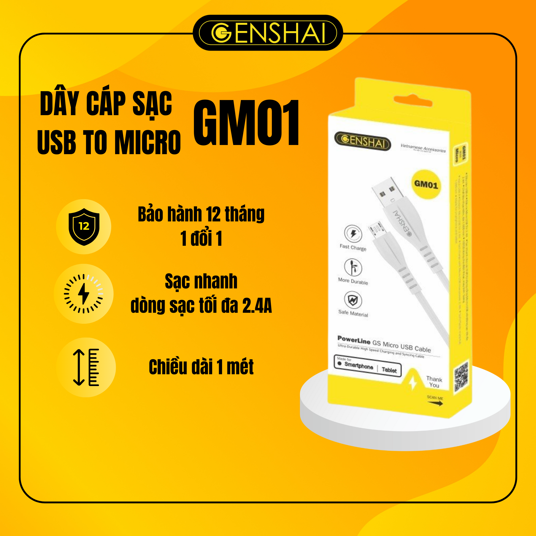 Cáp sạc Micro hàng chính hãng GENSHAI GM01 | Bảo hành 12 tháng 1 đổi 1 | Made in Việt Nam