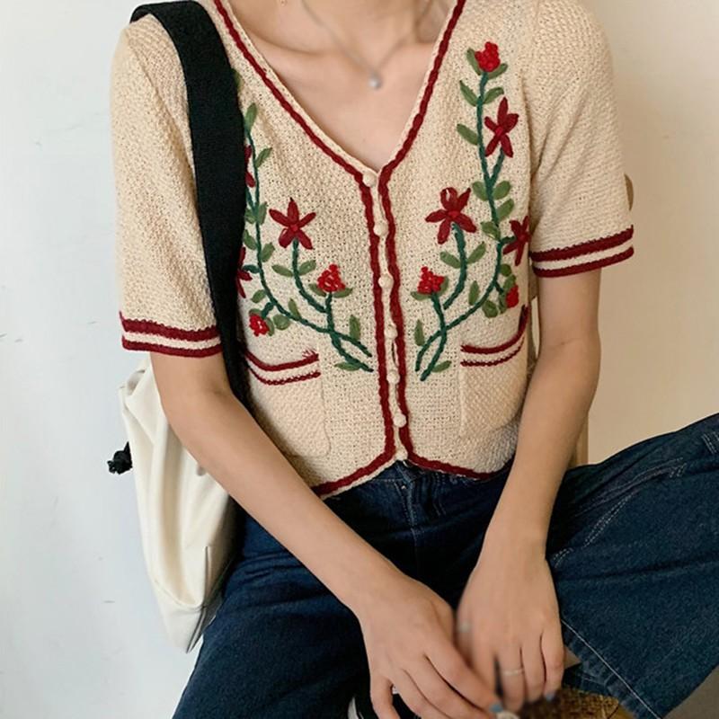 Áo cardigan dệt kim tay ngắn cổ chữ V hoạ tiết hoa thêu phong cách retro dành cho nữ