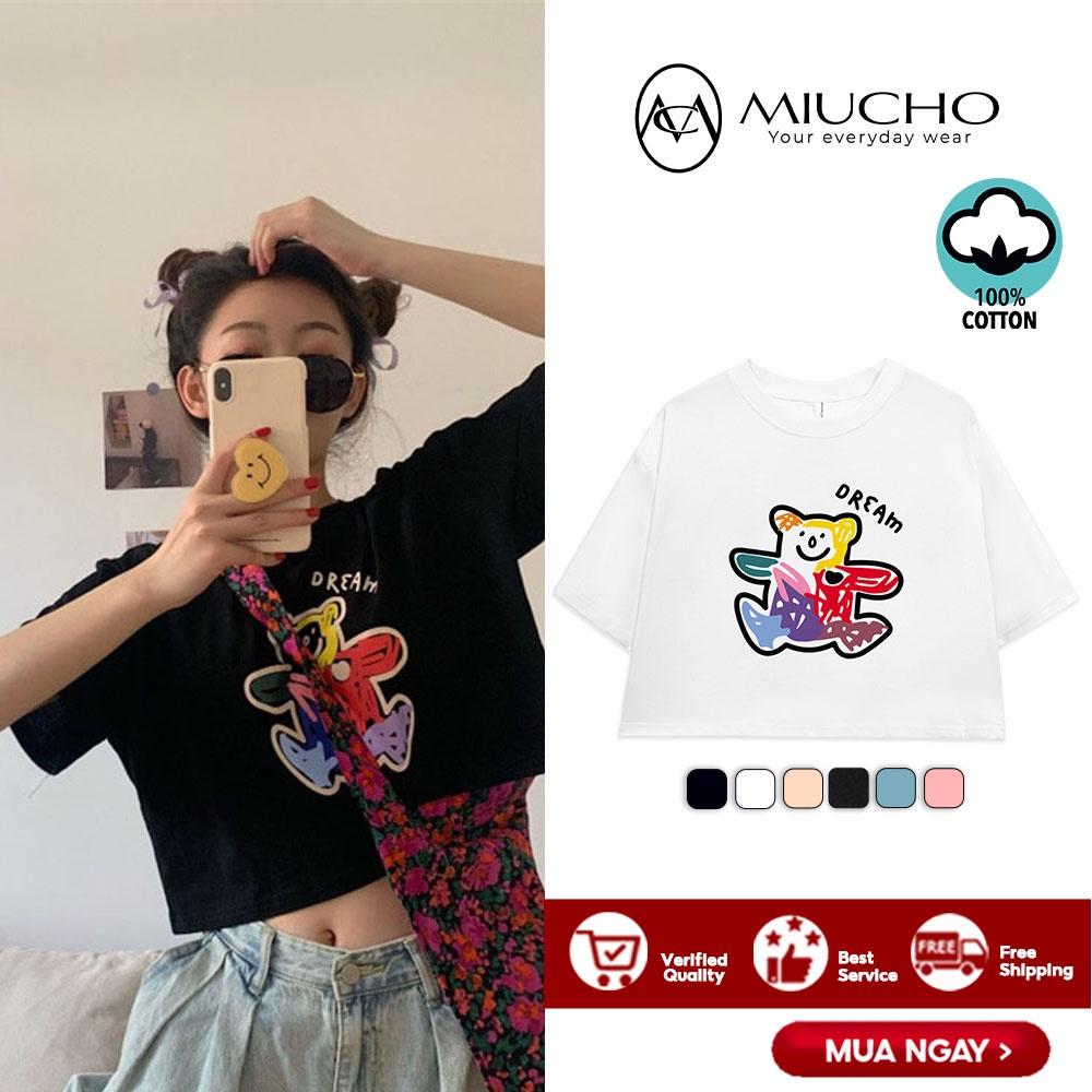 Áo croptop nữ tay ngắn cổ tròn vải thun cotton kiểu hàn quốc CR017 Miucho in hình hoạ tiết