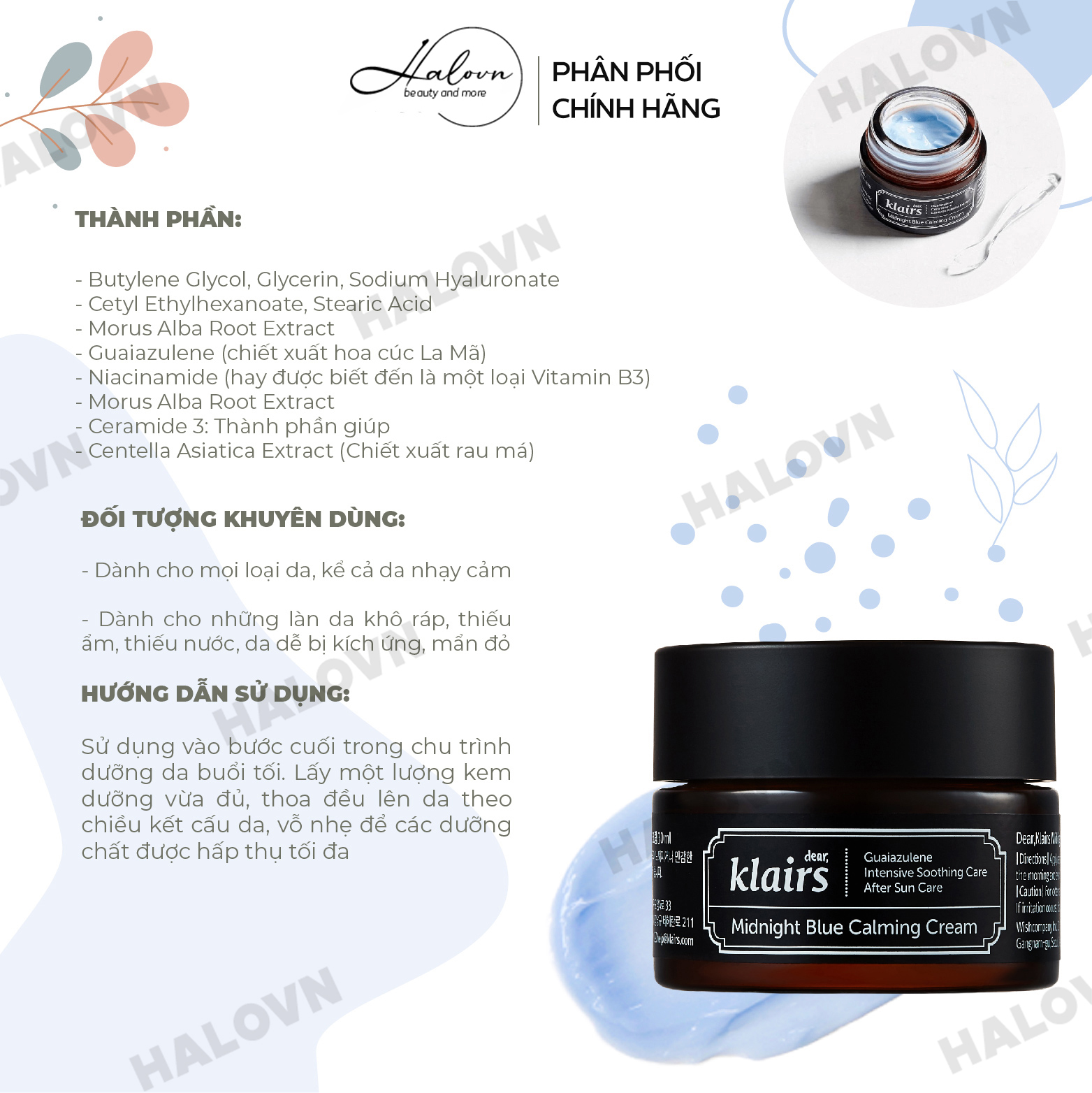 Kem Dưỡng Ẩm Chuyên Sâu Dear, Klairs Midnight Blue Calming Cream 30ml