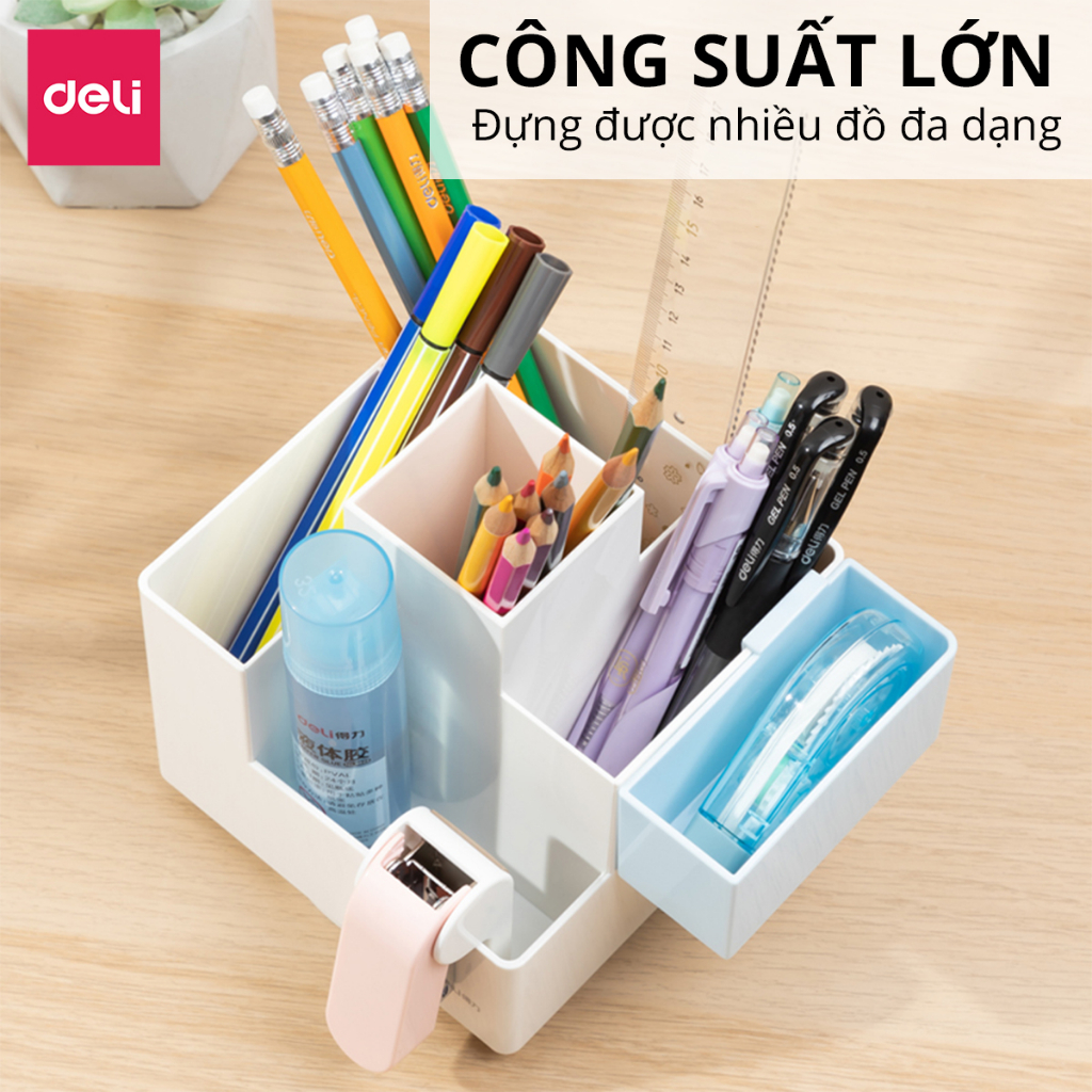 Hộp Đựng Bút Deli, Ống Đựng Bút Xoay 360 Độ 4 Tầng 6 Ngăn Màu Pastel Decor Trang Trí Bàn Học Dùng Cắm Bút Viết, Đồ Văn Phòng Phẩm, Hộp Đựng Cọ Trang Điểm