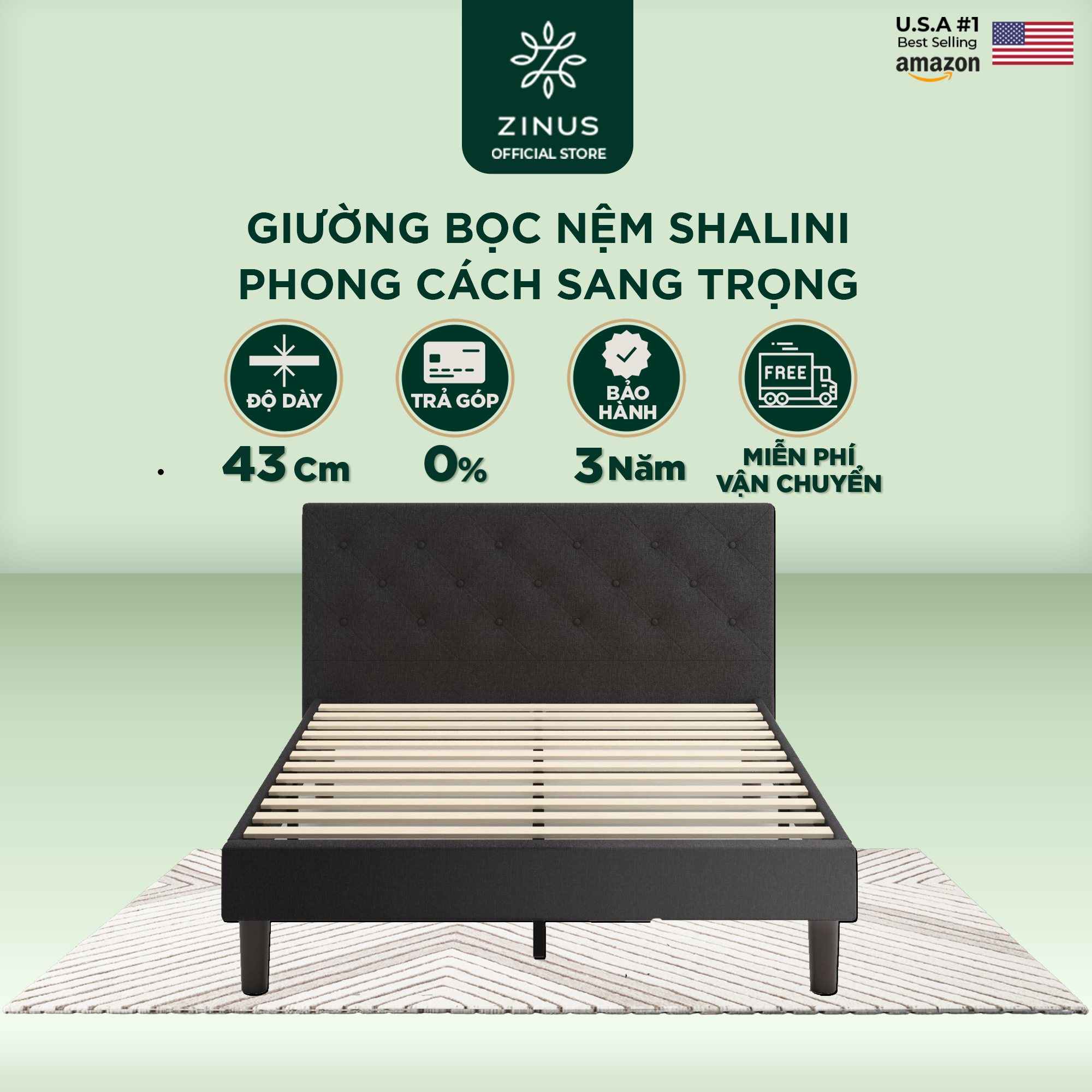 Giường Bọc Nệm Zinus Tự Lắp Ráp Sang Trọng Phong Cách Mỹ - Vertically Cushioned Platform Bed