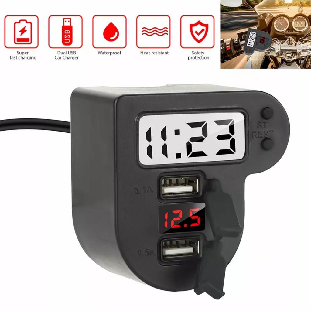 Đồng hồ báo giờ gắn xe máy 3in1 kèm cổng sạc nhanh USB có báo vôn mẫu mới loại tốt chông nước