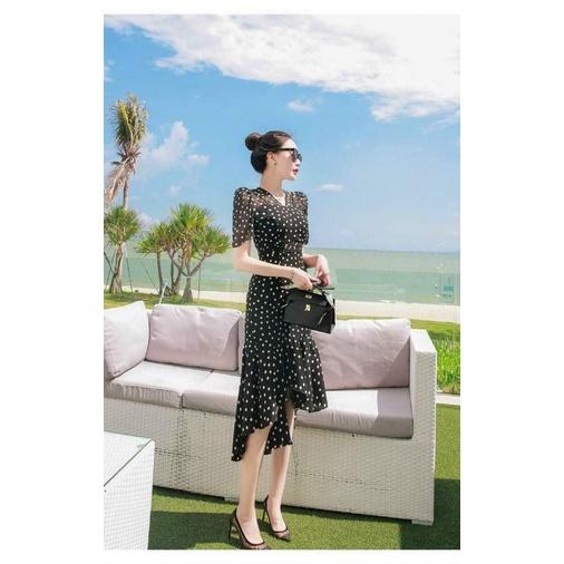 HÀNG NHẬP - ĐẦM LỤA BODY ĐUÔI CÁ CHẤM BI