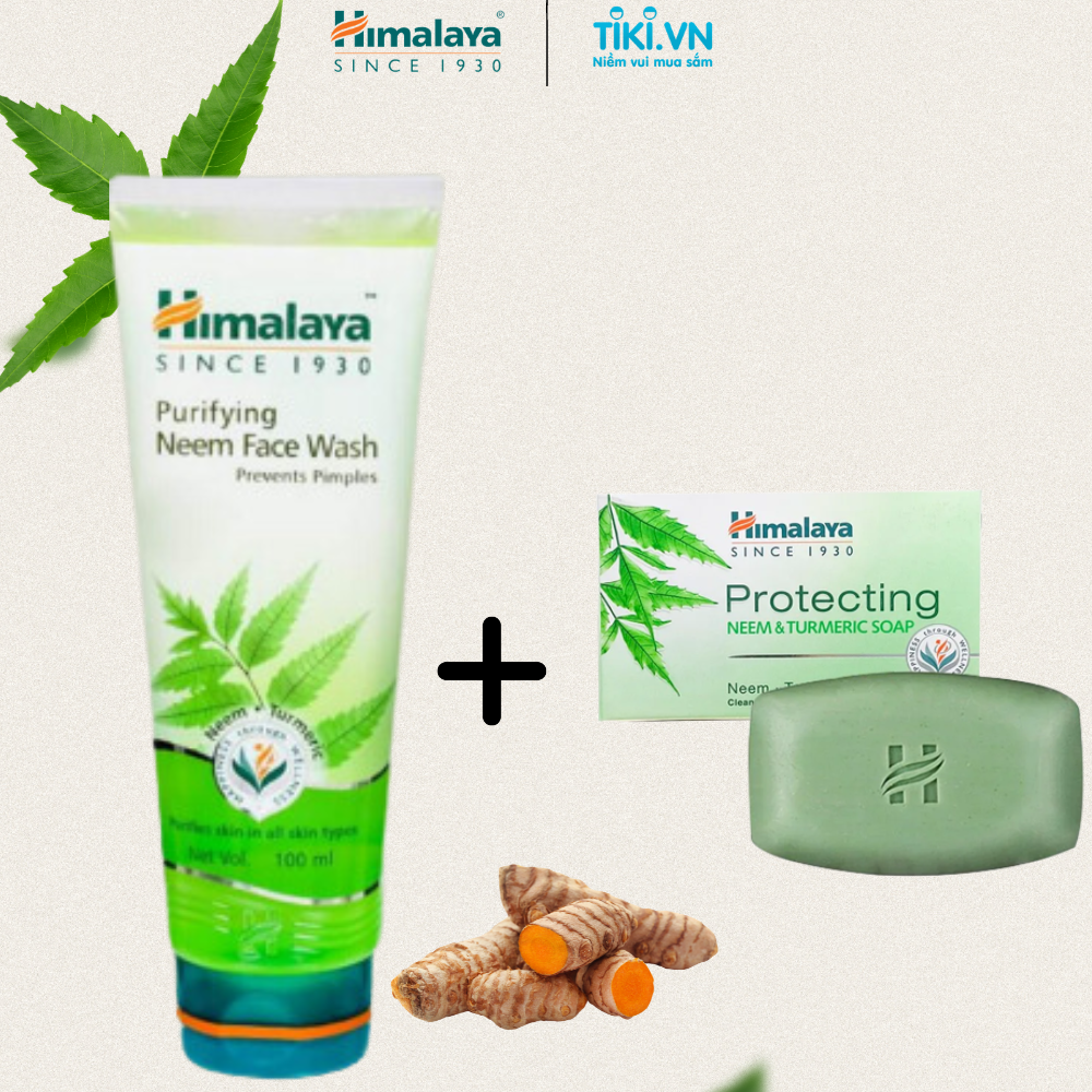COMBO Sữa rửa mặt giảm mụn chiết xuất từ lá neem Himalaya Purifying Neem Face Wash 10ml và Xà phòng giảm mụn cơ thể từ lá neem Himalaya Neem Turmeric Soap 75g