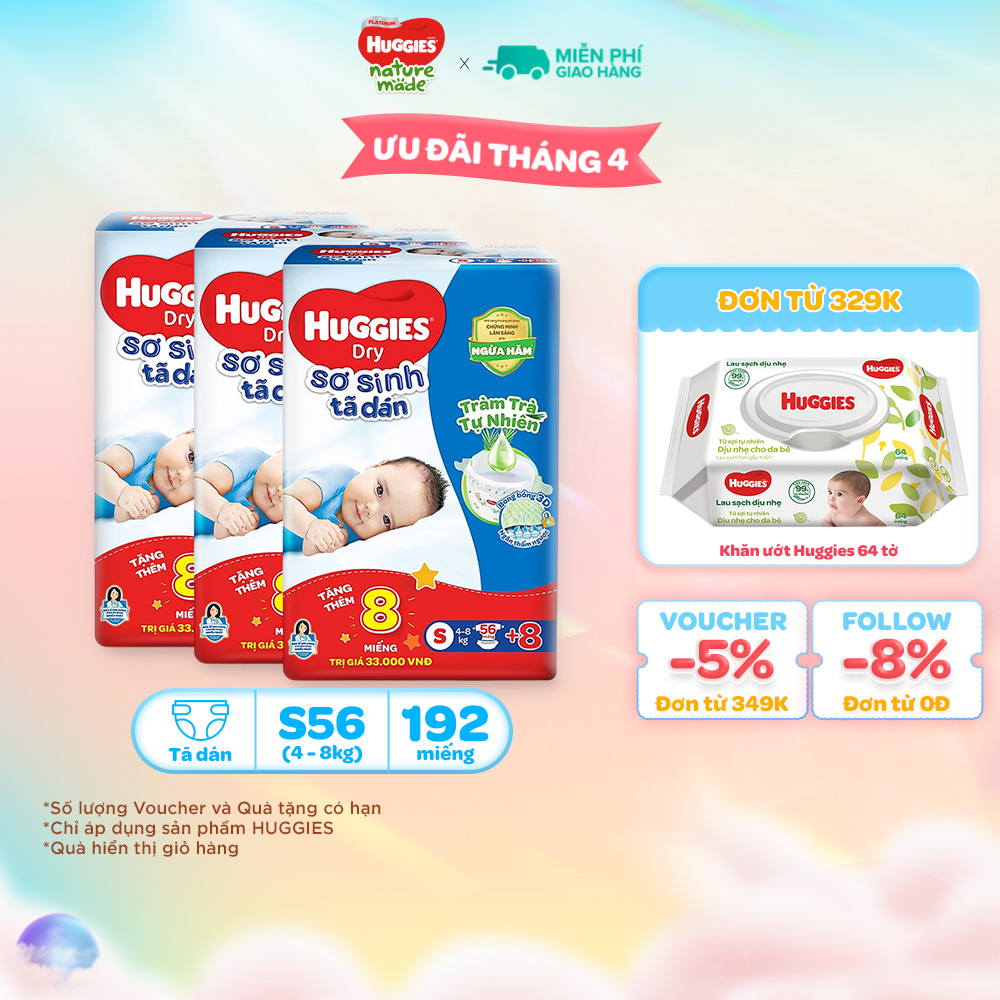 [Tặng thêm miếng] Thùng 3 gói Tã dán sơ sinh Huggies Tràm Trà NB70/S54/S80