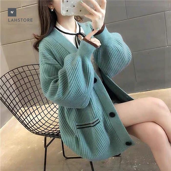 Áo khoác len cardigan nữ tay phồng tiểu thư LAHSTORE, thời trang thu đông 2021 (Hồng)