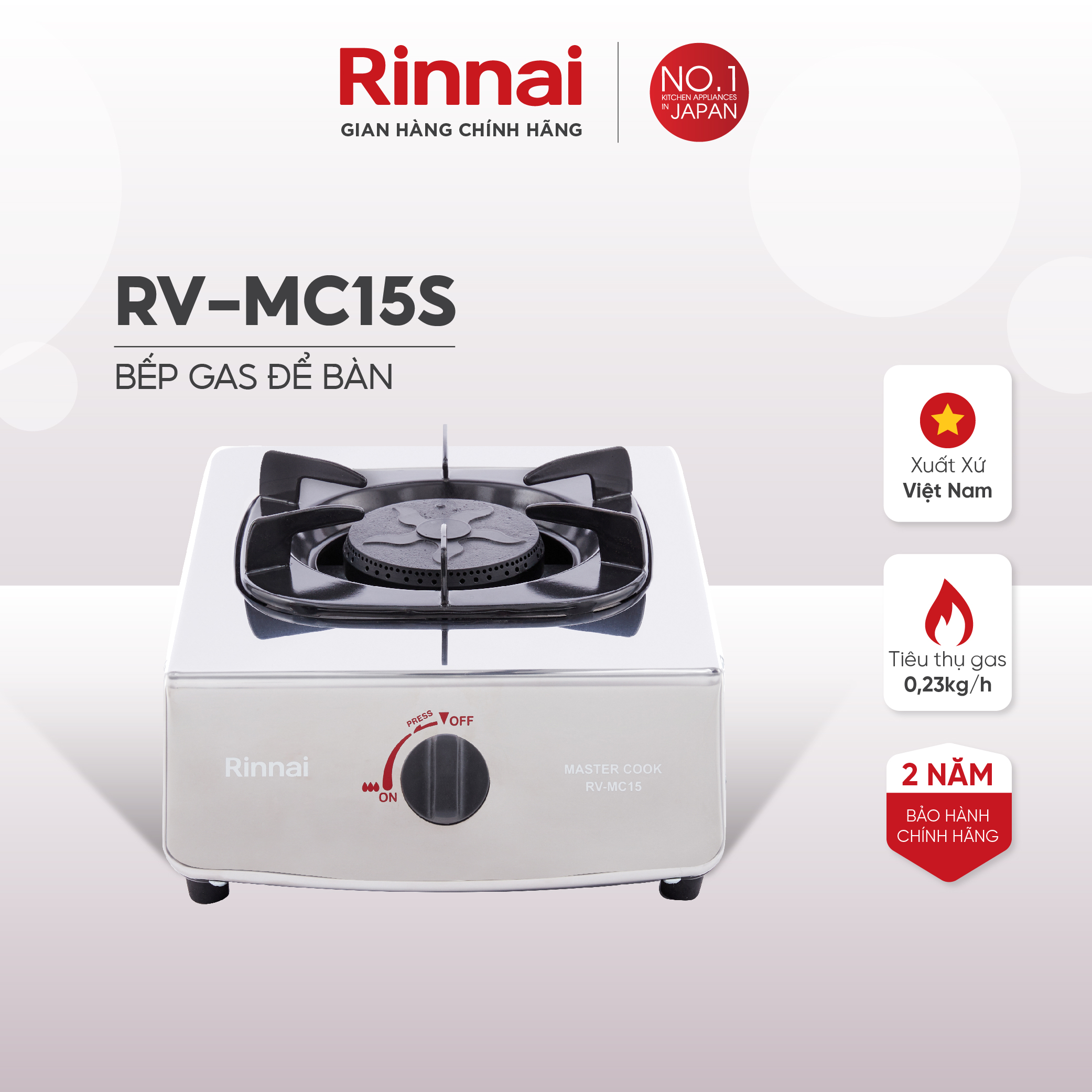 Bếp gas dương Rinnai RV-MC15S mặt bếp inox và kiềng bếp men - Hàng chính hãng.