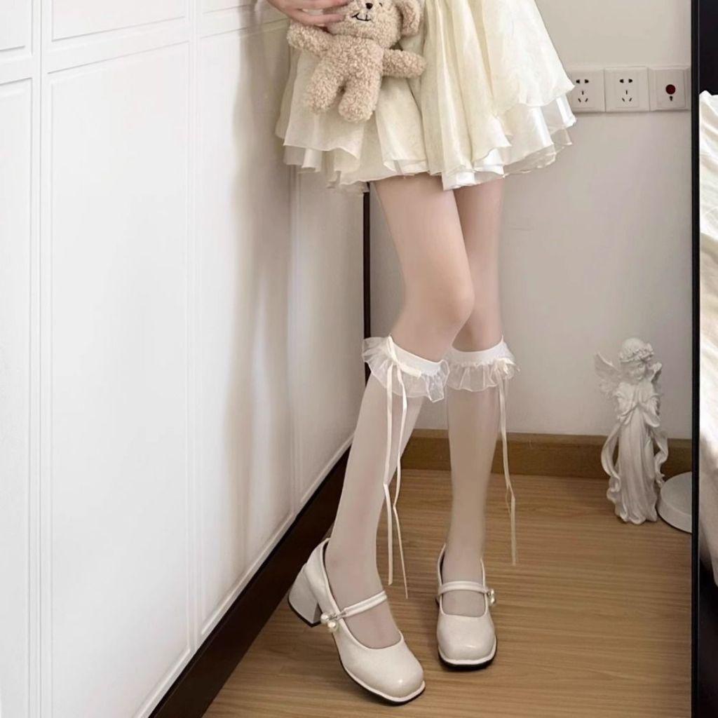 Tất đùi mỏng, tất mỏng bắp chân VIỀN REN ĐÍNH NƠ DÂY DÀI phong cách Lolita NhậtBản quyếnrũ, sang chảnh cho nữ Women