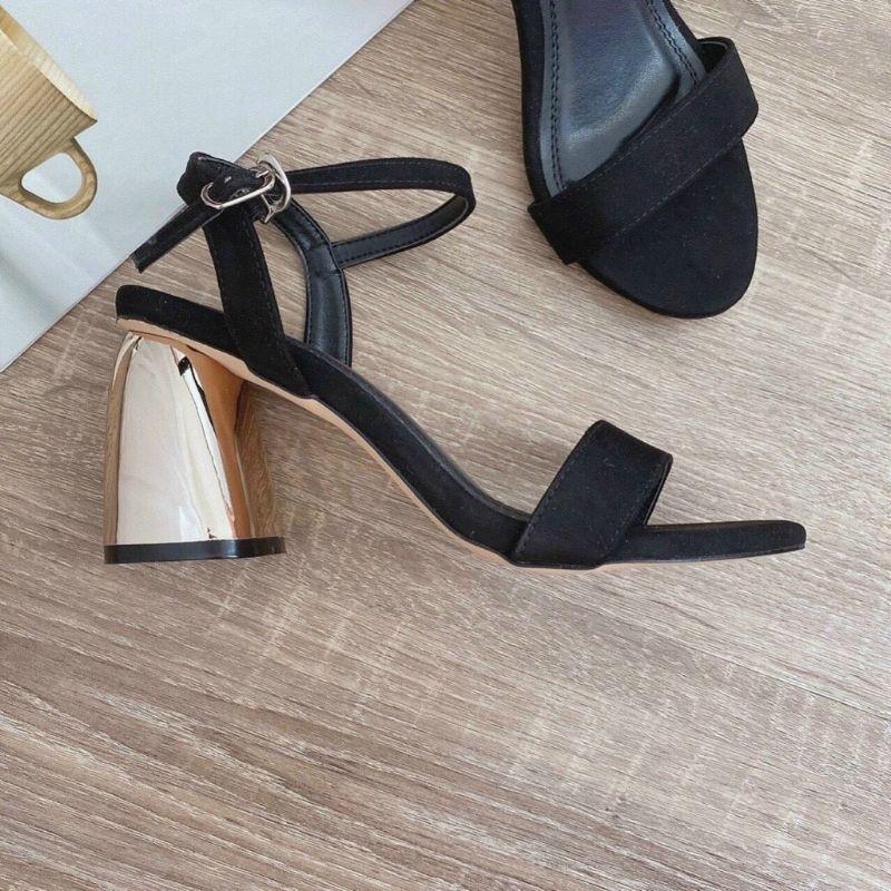 SANDAL HC QUAI NGANG NỈ GÓT TRỤ VÀNG TO - 7P