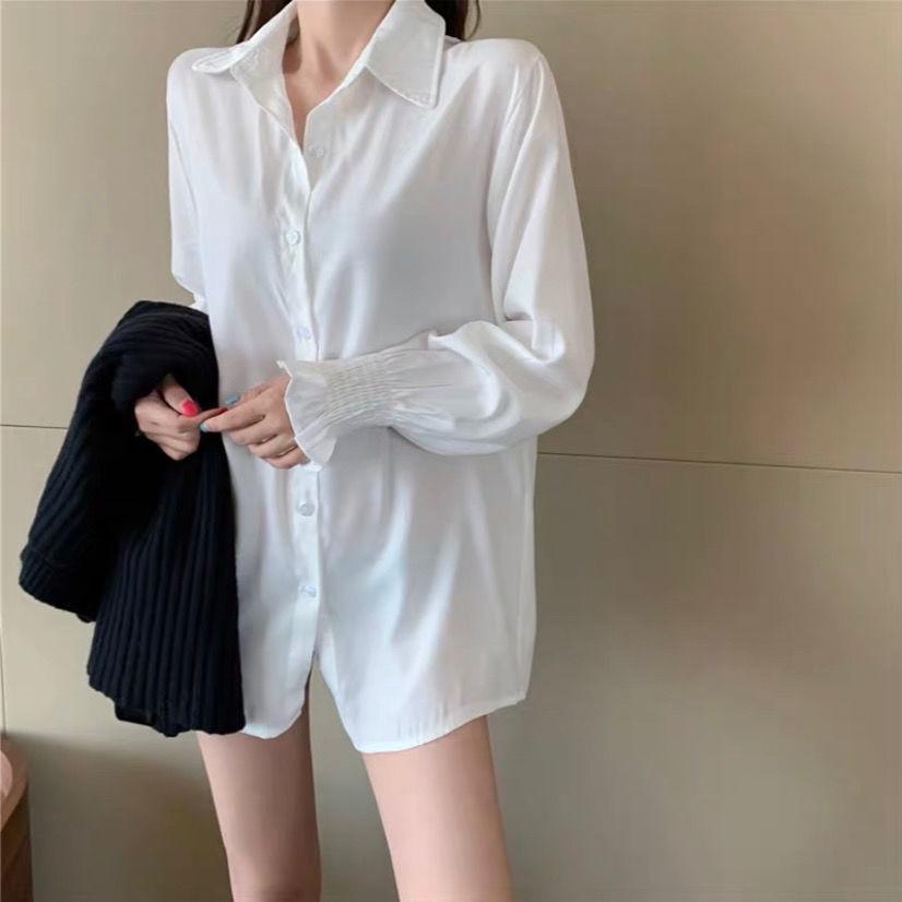 Áo Sơ Mi Nữ From Rộng Kiểu Công Sở Dài Tay Phồng Bo Chun Dáng Dài Hàn Quốc Vải Lụa Màu Trắng Cổ Đức Vintage MOLA