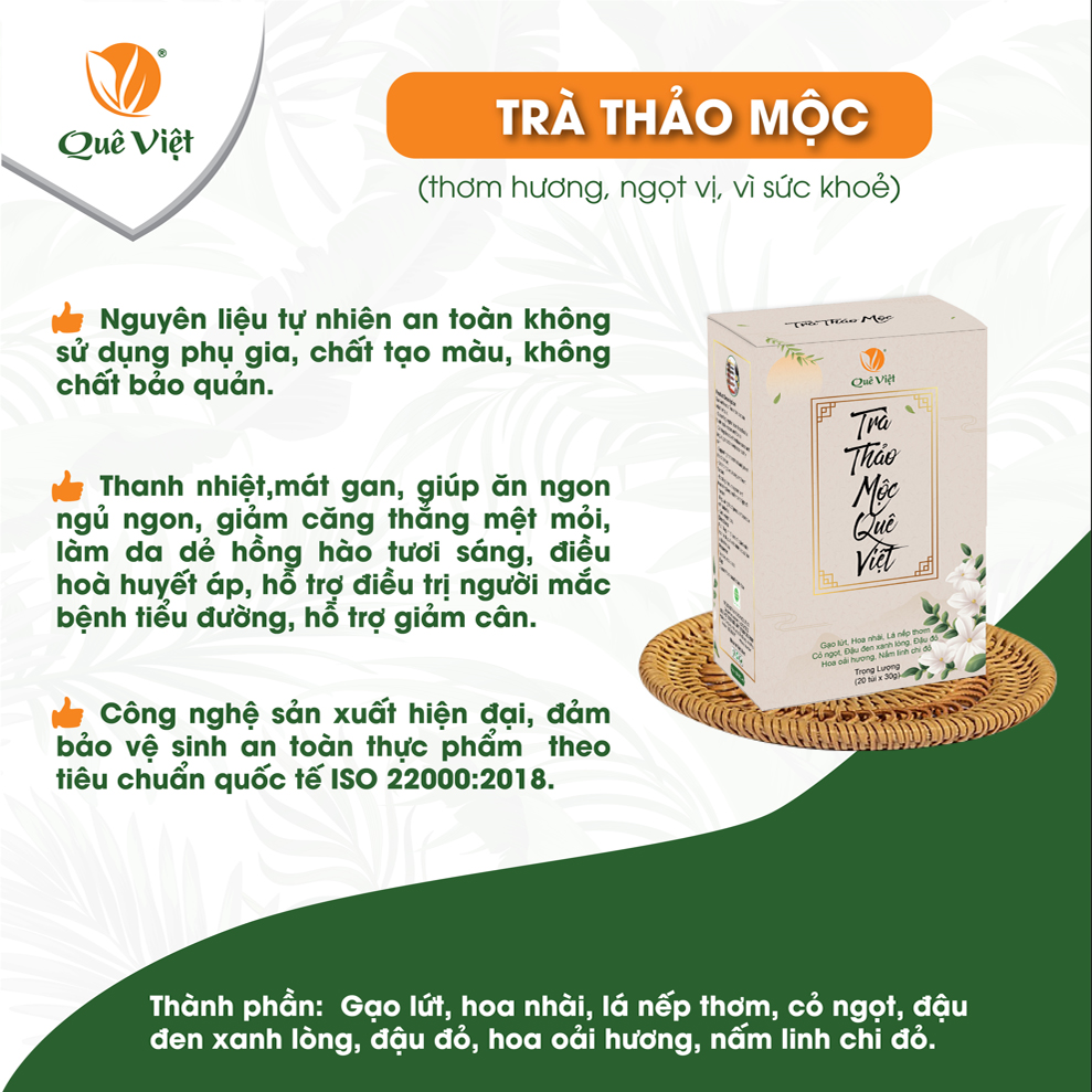 Trà thảo mộc Quê Việt - Mát gan, ngủ ngon, giảm căng thẳng mệt mỏi, nguyên liệu hữu cơ - combo 2 hộp 600g (20X30g)