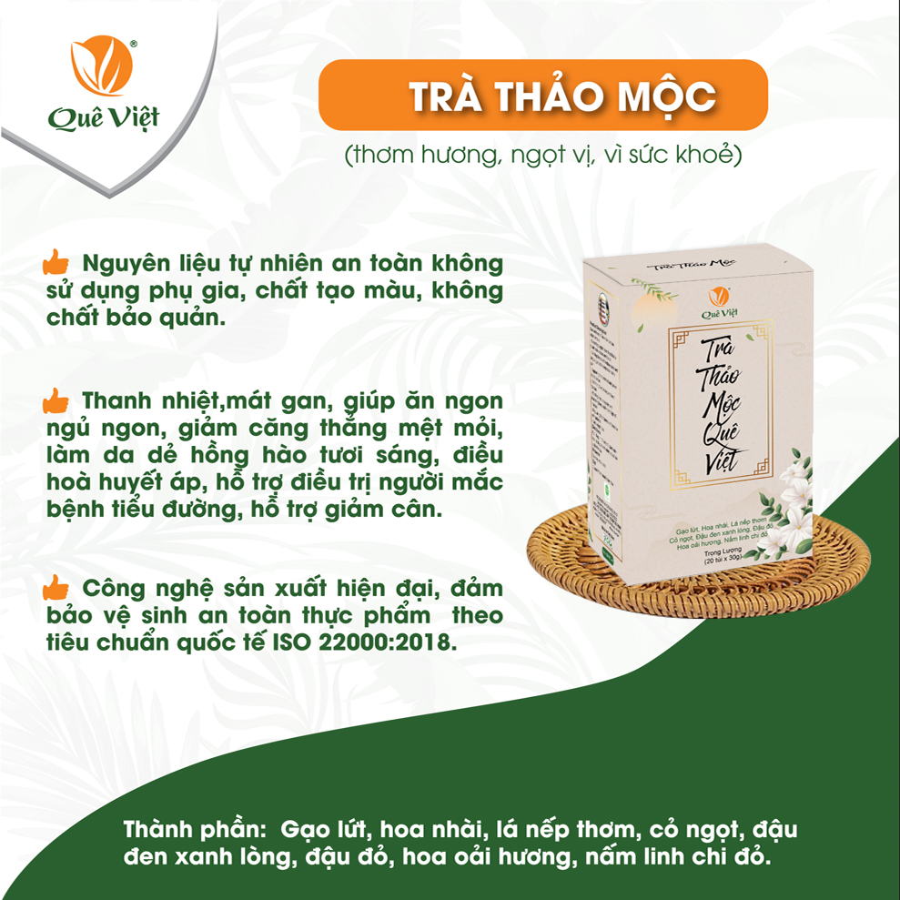 Trà thảo mộc Quê Việt - Mát gan, ngủ ngon, giảm căng thẳng mệt mỏi, nguyên liệu hữu cơ - hộp 600g (20X30g)