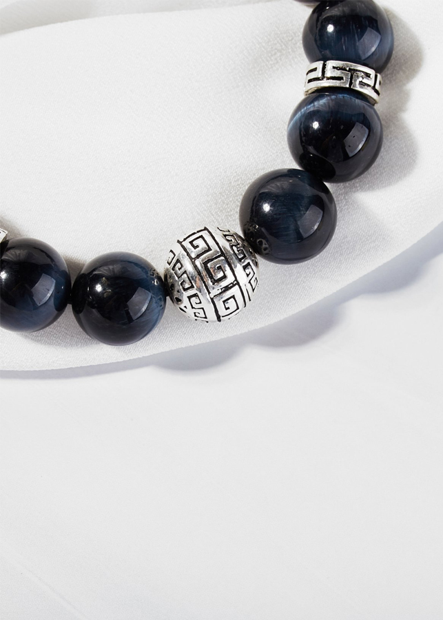 Vòng đá mặt trời đen phối charm bạc tròn hoa văn Ngọc Quý Gemstones