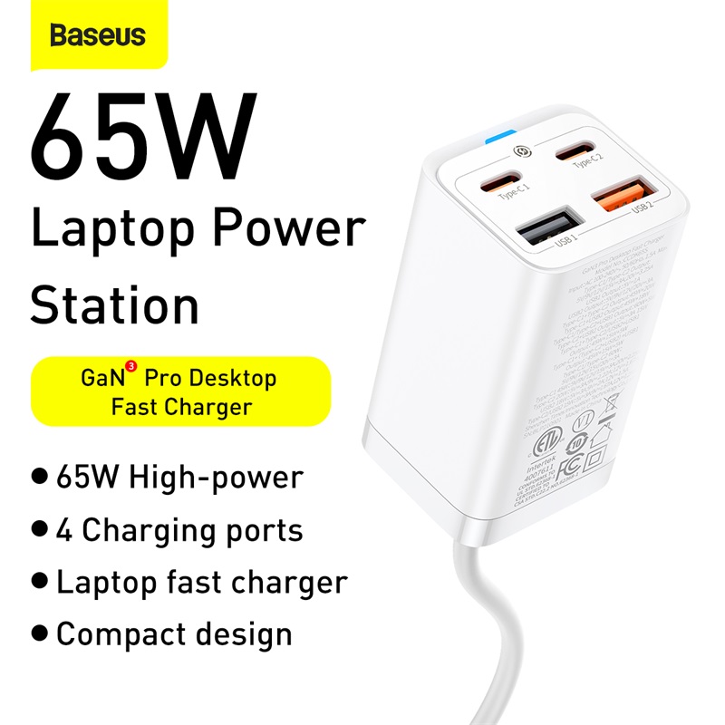 Bộ sạc nhanh Baseus 65W GaN3 Pro Bộ sạc nhanh 4 trong 1 cho iPhone 13 Pro Max Samsung Power Station cho máy tính xách tay CCDK65S -Hàng Chính Hãng