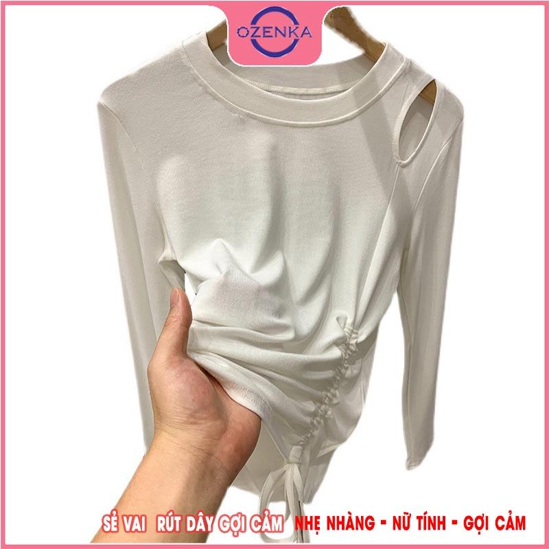 Áo thun croptop tay dài rút dây hở vai OZENKA , crt ôm body nữ đẹp thun gân 100% cotton màu đen trắng dưới 50 kg