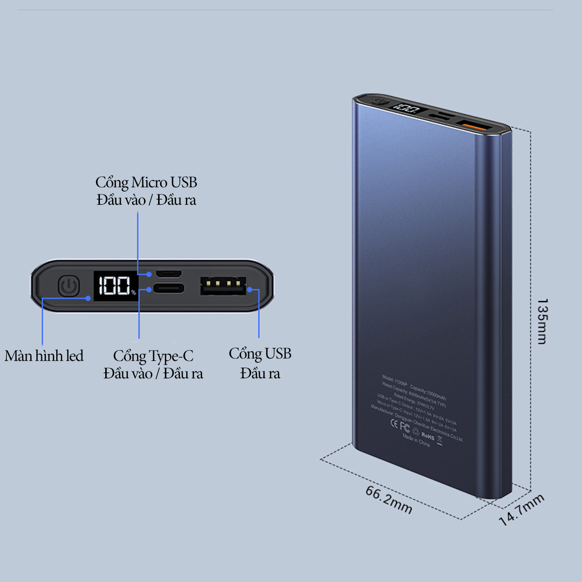 Sạc dự phòng siêu mỏng dung lượng 10000mA hỗ trợ sạc nhanh QC3.0/PD18W với màn hình hiển thị kỹ thuật số, có 3 cổng sạc