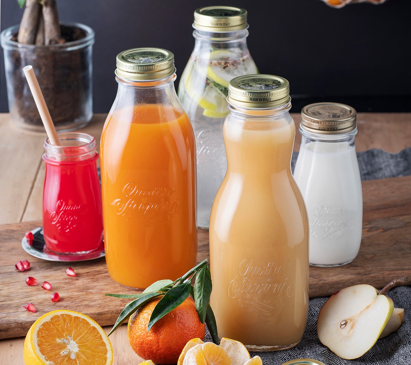 Chai thủy tinh nắp vặn Quattro 1000ml, đựng nước ép trái cây, sinh tố - Nhập khẩu Ý
