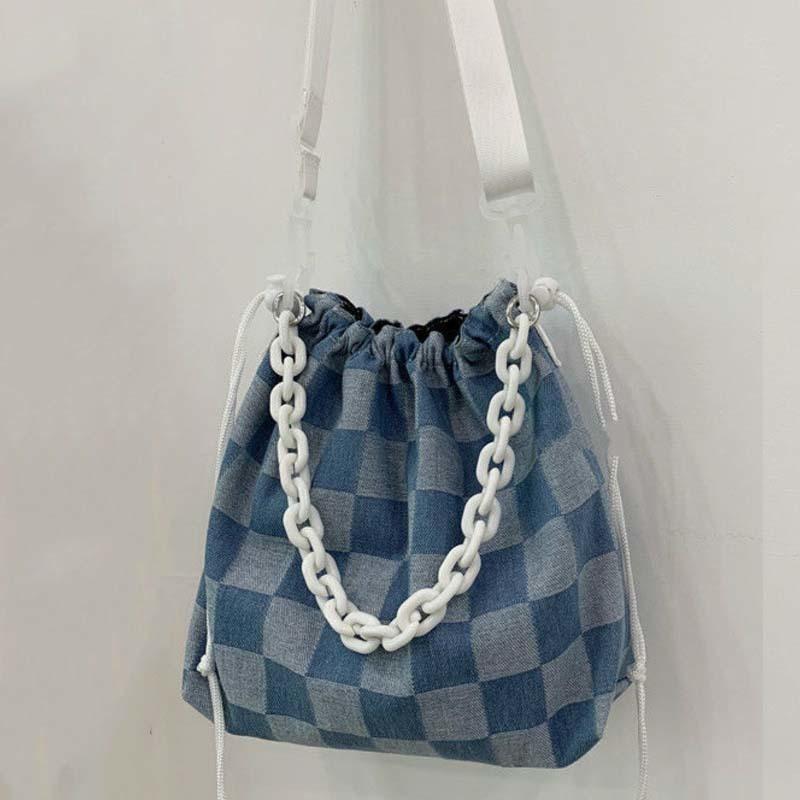 Túi Đeo Vai Nữ Đa Năng Đơn Giản Denim Túi Xách Tay Túi Tote Checkerboard Lưới Thời Trang Túi Nữ Denim Túi