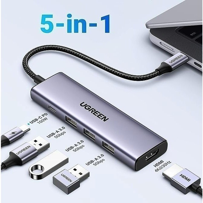 Hub Ugreen USB Type C 5-in-1 CM511 - Có cổng HDMI 4K, Hỗ trợ sạc PD - 15596 - Hàng chính hãng