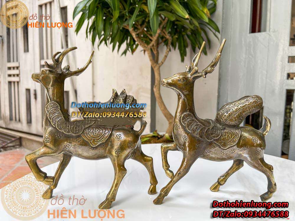 Đôi Hươu Cõng Củ Cải Và Củ Lạc Màu Giả Cổ Bằng Đồng Nguyên Chất Kích Thước 18x22cm, Nặng 1,6kg/đôi - Đồ Thờ Hiên Lượng