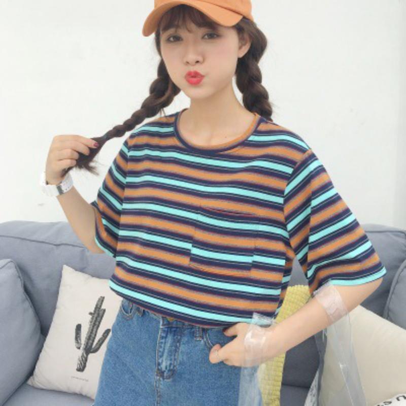 Áo thun tay ngắn cổ tròn kẻ sọc phối hoạ tiết