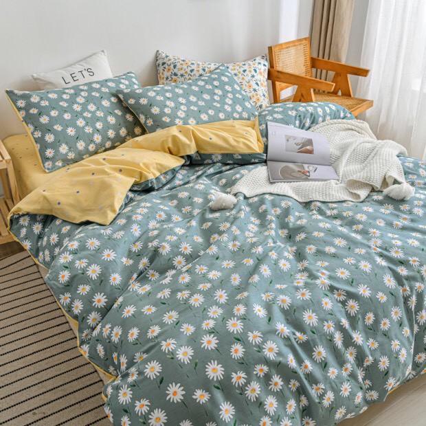 Bộ chăn ga gối Cotton polt M2T bedding Hoa cúc mới, vỏ chăn mền, drap nệm và 2 vỏ gối