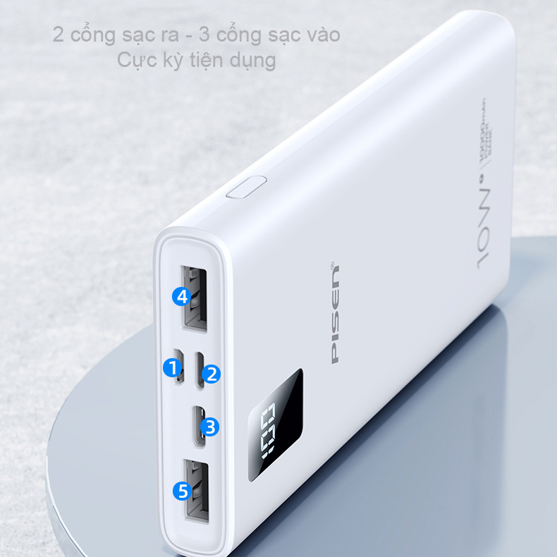 Sạc dự phòng Pisen Digital 123-A 10000mAh, white (CY-DY02) - Hàng chính hãng