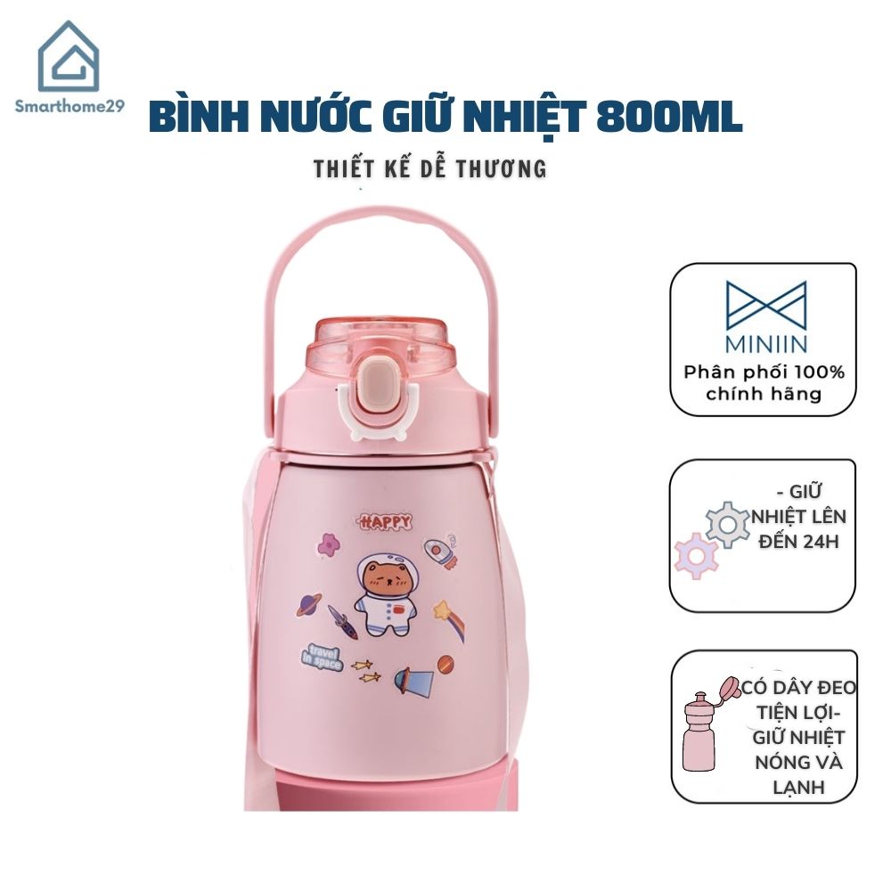 Bình Nước Giữ Nhiệt Cute 800ml Chất Liệu Inox 304 Giữ Nhiệt Không Gỉ Nóng Lạnh 24 Giờ Kèm Ống Hút Và Sticker - Hàng Loại 1 - Chính Hãng MINIIN