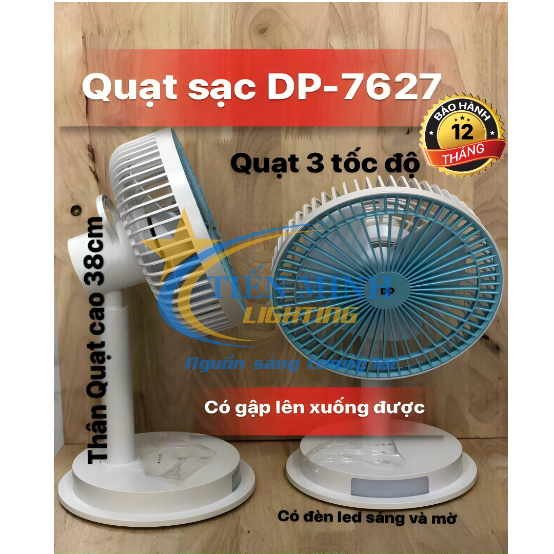 Quạt Sạc CAO CẤP DP-7627, sạc USB, 3 chế độ quạt có đèn, cao 38cm, siêu mát, dung lượng pin 4000Mah