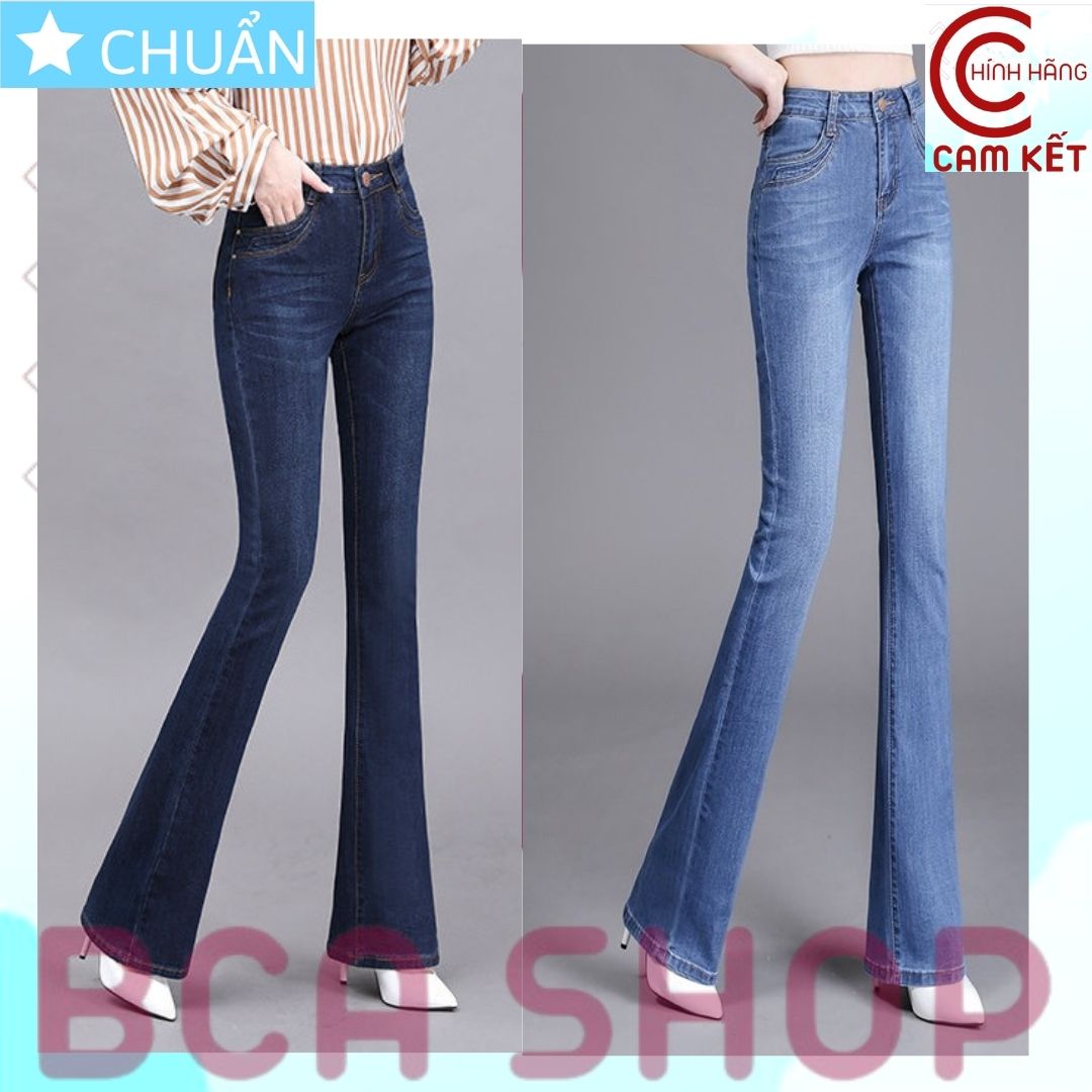 Quần jean nữ ống loe QRO88 ROSATA tại BCASHOP dáng dài có thêu dọc sườn, lưng cao 1 nút, phom chuẩn - xanh jean