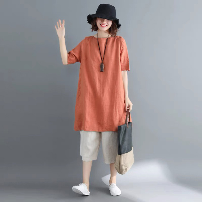 Đầm suông cổ tròn tay lỡ basic Linen bột Premium 3 màu lựa chọn