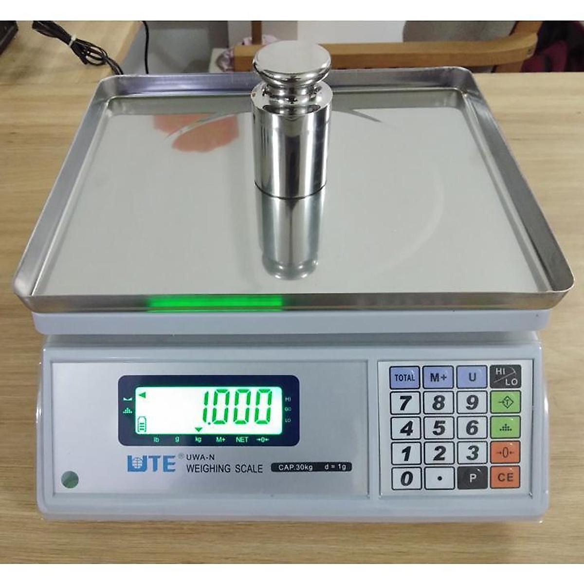 Bộ sản phẩm cân cảnh báo đèn còi gồm cân điện tử thông dụng UTE UWA-N mức cân 15kg, độ chia 0.5g và đèn HILOOK