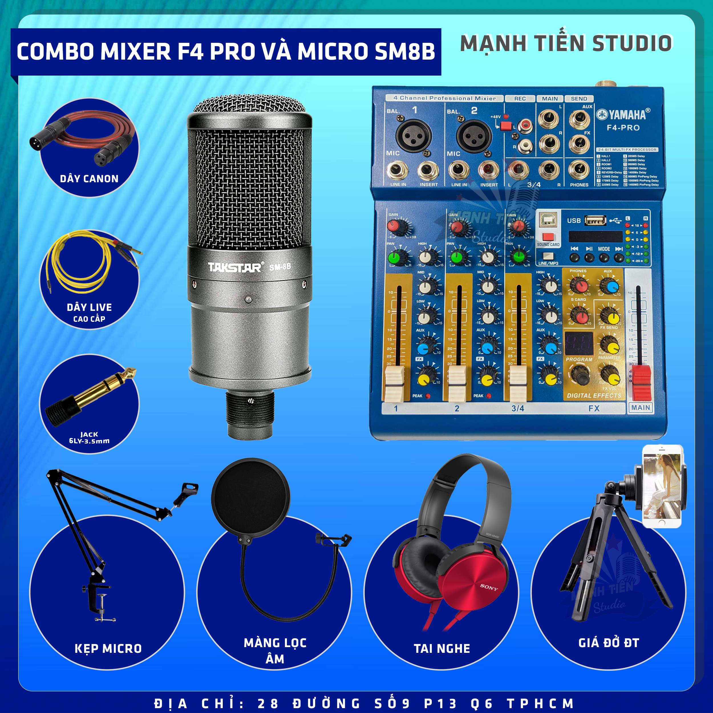Combo thu âm, livestream Micro TakStar SM8B, Mixer Yamaha F4 Pro - Kèm full phụ kiện kẹp micro, màng lọc, tai nghe, dây canon, dây livestream, giá đỡ ĐT - Hỗ trợ thu âm, karaoke online chuyên nghiệp - Hàng nhập khẩu
