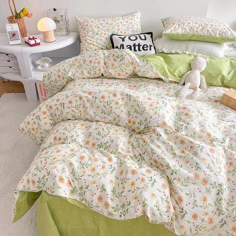 Bộ Chăn Ga Gối Côtton Living 100%cotton Hàng Nhập Khẩu Hoa Nhí Vàng