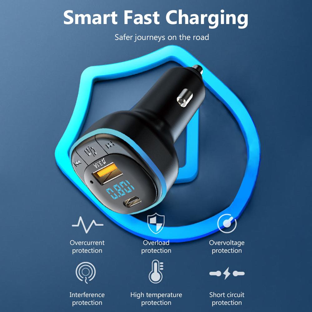 25W USB C CAR SARGER Bluetooth 5.0 FM Trình phát MP3 Người chơi điều chỉnh không dây Máy thu âm thanh không dây 2 Cổng Bộ sạc nhanh