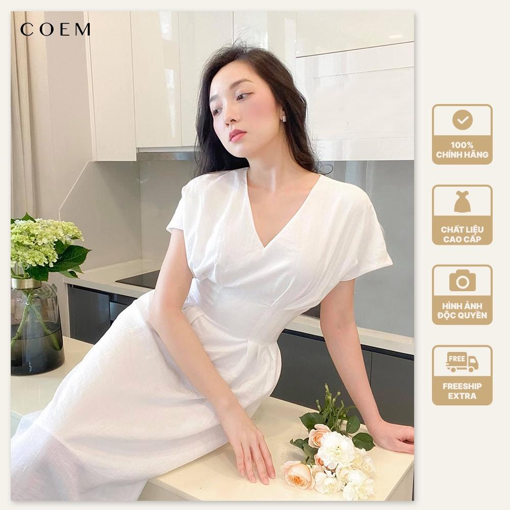 Đầm Trắng Dài Qua Gối Cổ Xẻ Chữ V Chiết Eo CO EM Chất Liệu Linen Premium Cao Cấp Thiết Kế Phù Hợp Đi Làm Đi Hẹn Hò