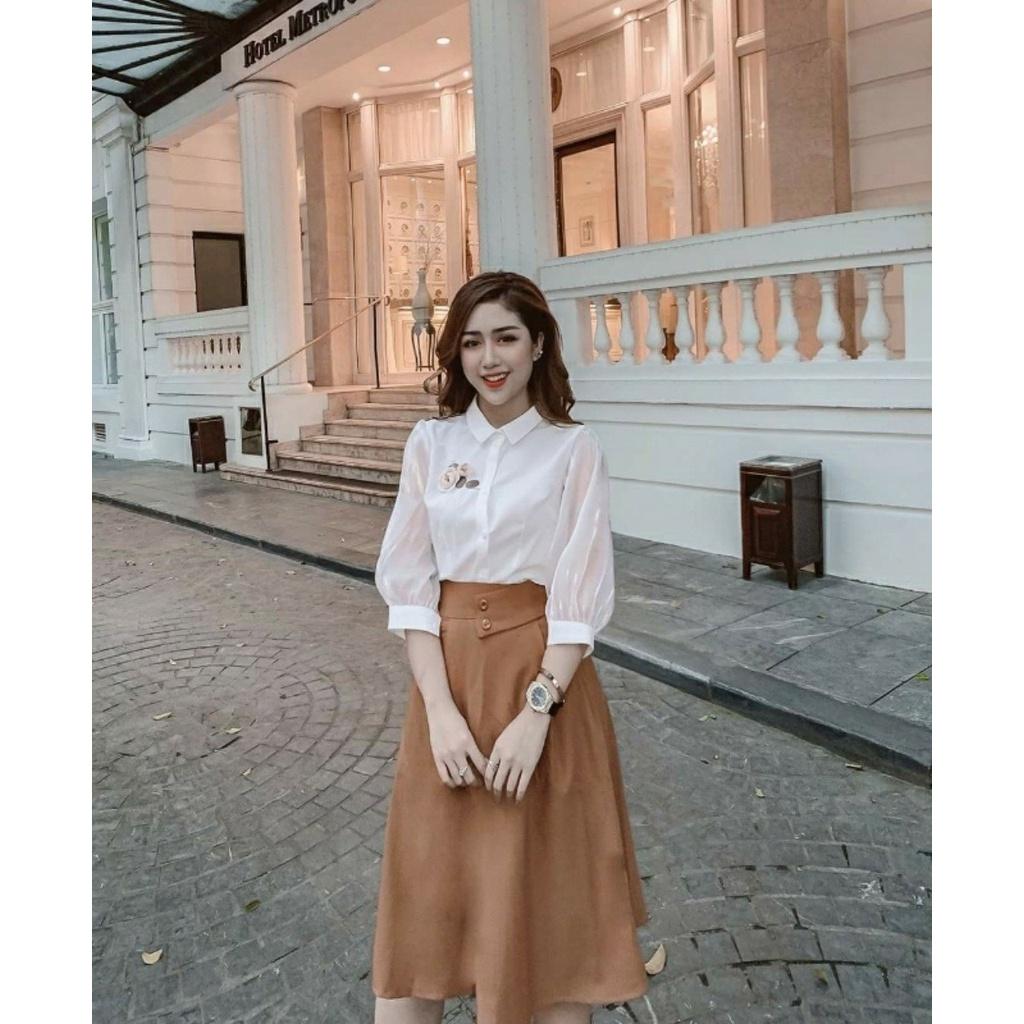 Áo sơ mi nữ công sở thời trang SURI cổ sơ mi,áo thêu hoa trước ngực,tay lưới thật trẻ trung