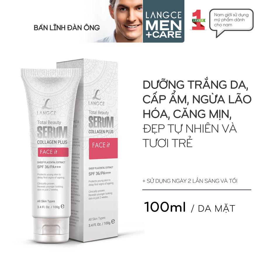 Serum Đẹp Da Collagen+ Face It Dưỡng Trắng Da, Giữ Ẩm, Mềm Mịn 100ml cho Nam TẶNG Gel Vệ Sinh Vùng Kín Nam 100ml LANGCE