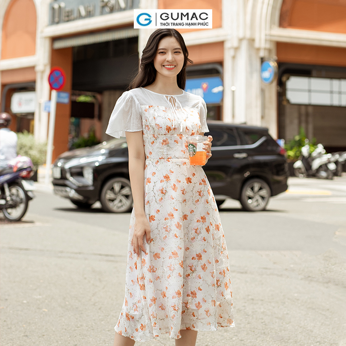 Đầm hoa phối vải tơ sang trọng nữ tính thanh lịch thời trang GUMAC DD06062