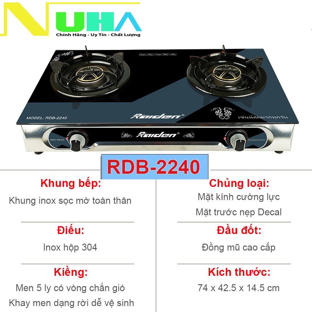 Bếp ga đôi kiếng cường lực Raiden RDB2240, đầu đốt đồng mũ coa cấp, kiềng men 5 ly-Hàng chính hãng