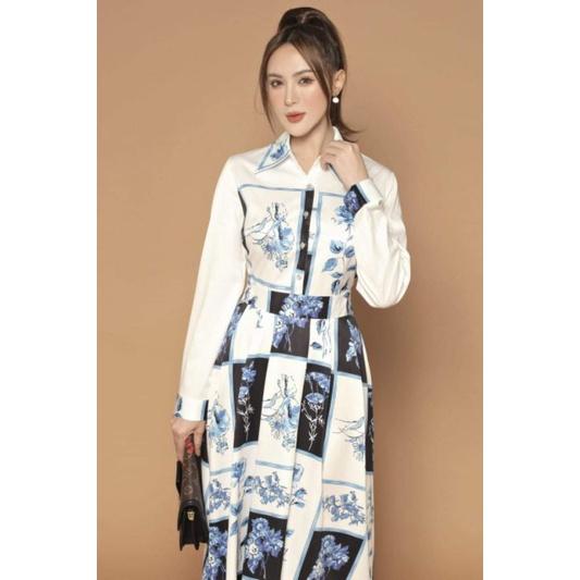 ĐẦM LỤA CỔ SƠ MI HOẠ TIẾT BÔNG XANH