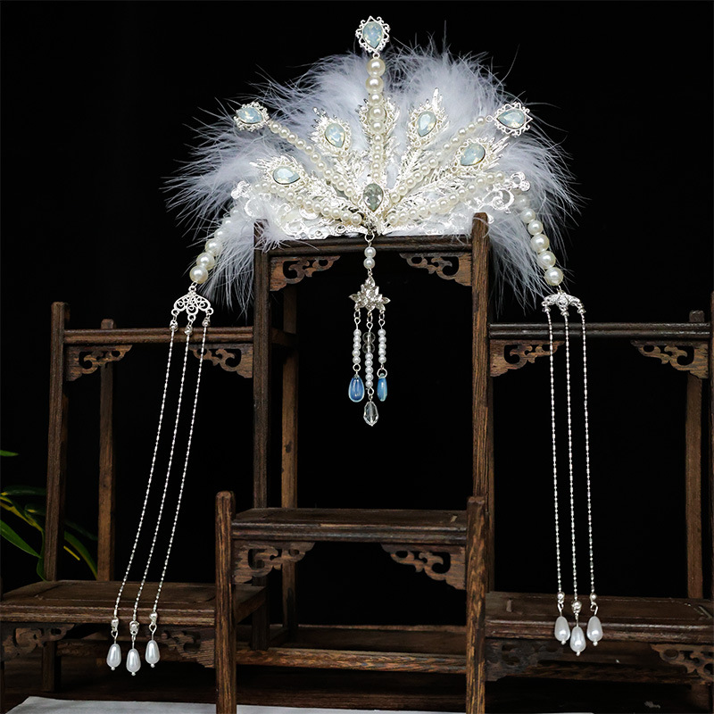 Mũ lông vũ Phượng Hoàng trắng, vương miện cài đầu tua rua cổ trang, phụ kiện cosplay chụp ảnh